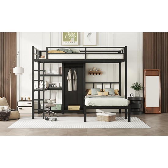 Metal Full XL over Twin Bunk Bed with Desk,Bookshelf ,Storage Shelves and Wardrobe,Black