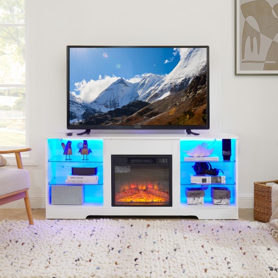 TV Stand Electric Fireplace  Glass Shelves, 3D Fireplace TV Stand with LED Lights Wood with USB Charging Outlet Modern Television Table Center for TV up to 60 Inch  White, 58''W*15.5''D*24.4