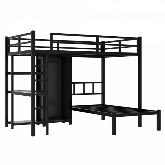 Metal Full XL over Twin Bunk Bed with Desk,Bookshelf ,Storage Shelves and Wardrobe,Black