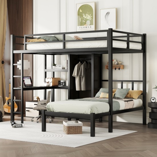 Metal Full XL over Twin Bunk Bed with Desk,Bookshelf ,Storage Shelves and Wardrobe,Black