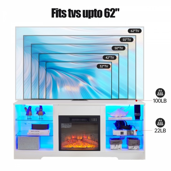 TV Stand Electric Fireplace  Glass Shelves, 3D Fireplace TV Stand with LED Lights Wood with USB Charging Outlet Modern Television Table Center for TV up to 60 Inch  White, 58''W*15.5''D*24.4