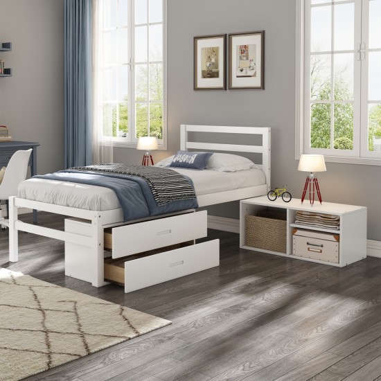 Twin Size Wood Platform Bed with Removable Storage Shelves, Built-in Two Storage Drawers for Added Convenience, White