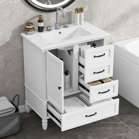 30 Inch  Bathroom Vanity with Sink, Bathroom Cabinet with A Door, Three Drawers, Solid Wood Legs & MDF Board, Adiustable Foot Pads, White