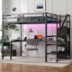 Full Size Loft Bed with L-shaped Desk and USB, Metal Loft Bed with Wardrobe and Adjustable Shelf, High Loft Bed with LED for Kids Teens Adults, Black