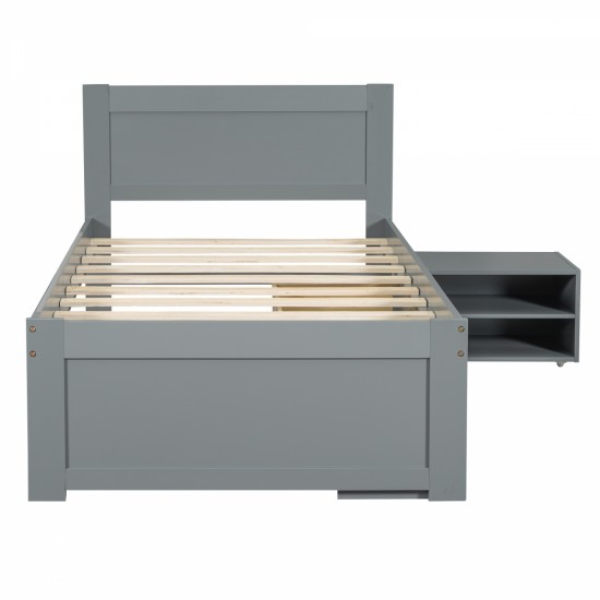 Twin Size Platform Bed With Drawer And Two Shelves, Gray(Expected Arrival Time: 10.28)