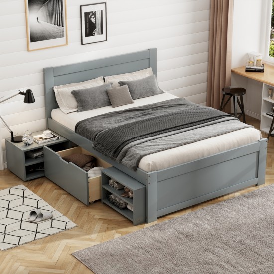 Twin Size Platform Bed With Drawer And Two Shelves, Gray(Expected Arrival Time: 10.28)