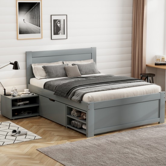 Twin Size Platform Bed With Drawer And Two Shelves, Gray(Expected Arrival Time: 10.28)