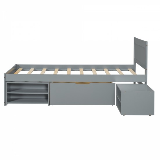 Twin Size Platform Bed With Drawer And Two Shelves, Gray(Expected Arrival Time: 10.28)