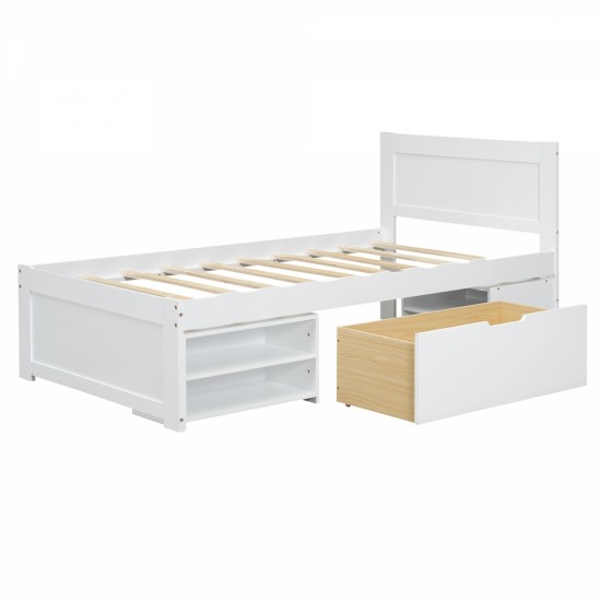 Twin Size Platform Bed With Drawer And Two Shelves, White(Expected Arrival Time: 10.28)