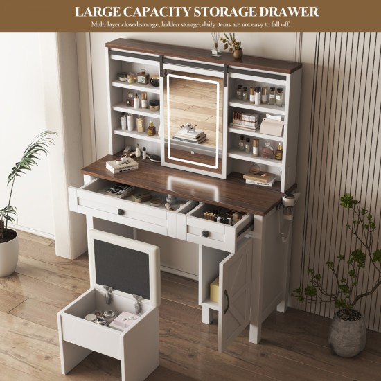 Farmhouse Makeup Vanity Desk with Sliding Mirror and Lights and Hairdryer holder and charging socket   Multilayer storage Shelves,and 2 drawer and big storage cabinet Rustic Big Vanity Set for Bedroom