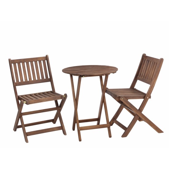 3-Piece Acacia Wood Bistro Set, Wooden Folding Patio Furniture for Garden Backyard Balcony Porch w/ 1 Coffee Table and 2 Foldable Chairs, Natural Stained