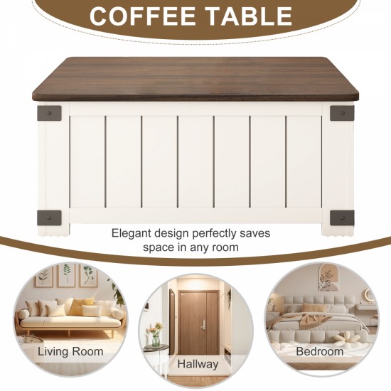 Farmhouse Lift Top Coffee Table with Storage, Wood Square Center Table with Charging Station&USB Ports, Living Room Central Table 4 grids Large Hidden Space, for Living Room, Bedroom, Home Office