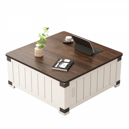 Farmhouse Lift Top Coffee Table with Storage, Wood Square Center Table with Charging Station&USB Ports, Living Room Central Table 4 grids Large Hidden Space, for Living Room, Bedroom, Home Office