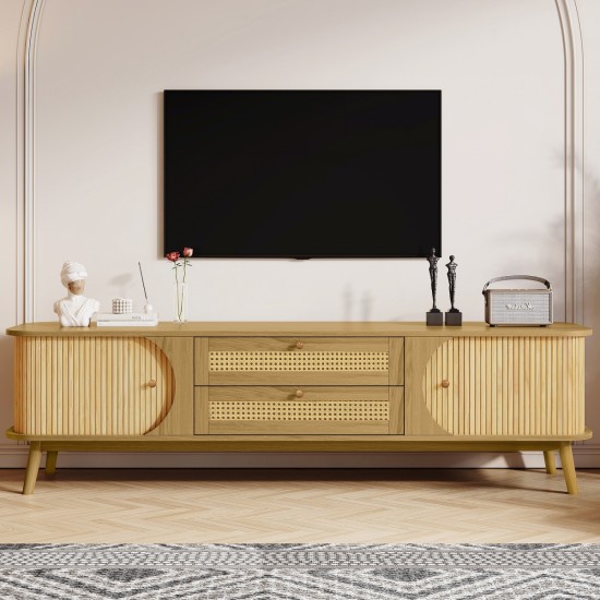 Rattan TV Stand for TVs up to 75'', Modern Farmhouse Media Console, Entertainment Center with Solid Wood Legs, TV Cabinet for Living Room,Home Theatre