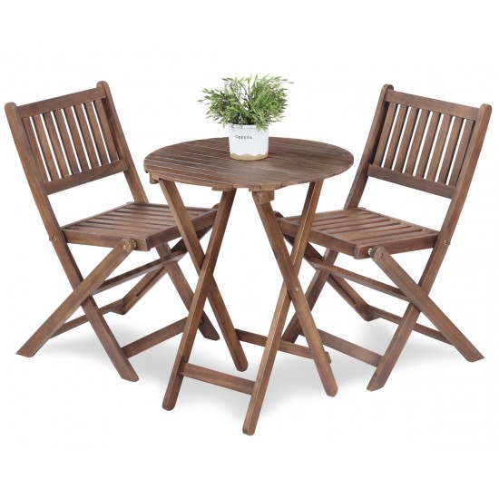 3-Piece Acacia Wood Bistro Set, Wooden Folding Patio Furniture for Garden Backyard Balcony Porch w/ 1 Coffee Table and 2 Foldable Chairs, Natural Stained