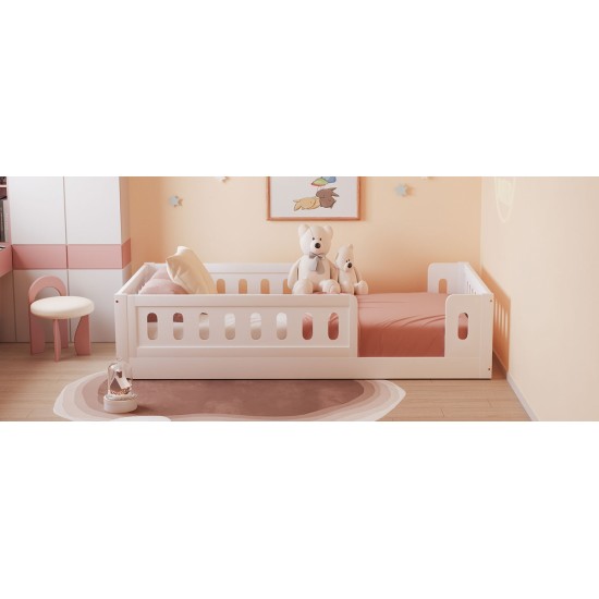 Wood Twin Size Platform Bed with Guardrail, White(Expected Arrival Time: 10.28)