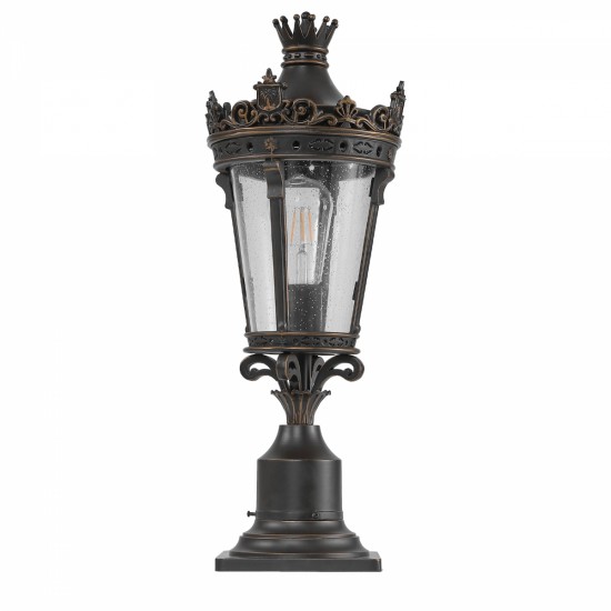 Vintage Crown Outdoor Post Lantern, Waterproof Decorative Table Lamp with Clear Glass Shade and Antique Metal Base for Garden, Patio, Porch, Pathway Lighting (One piece&No bulb)