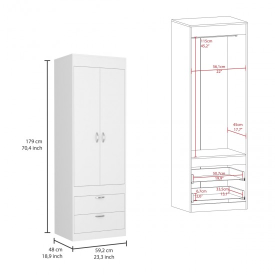 Lisboa Armoire, Rod, Double Door, Two Drawers, Metal Handles White