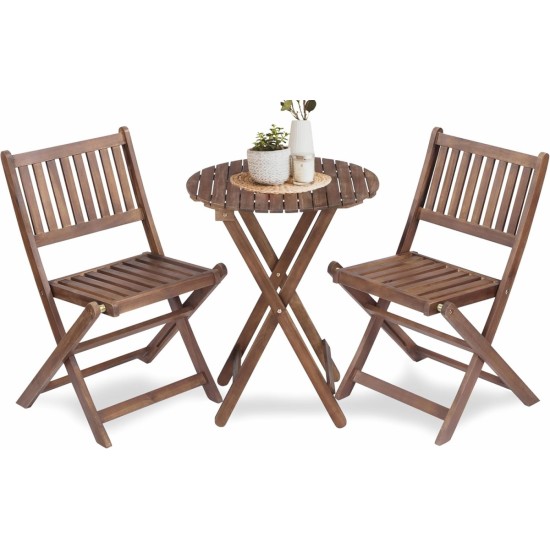 3-Piece Acacia Wood Bistro Set, Wooden Folding Patio Furniture for Garden Backyard Balcony Porch w/ 1 Coffee Table and 2 Foldable Chairs, Natural Stained