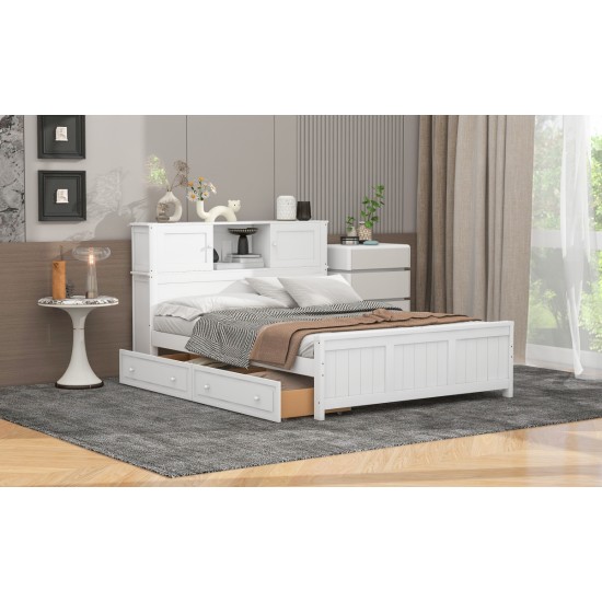 Full Size Platform Bed with Storage Headboard and Sliding Door,2 Drawers, White(Expected Arrival Time:10.17)