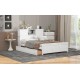 Full Size Platform Bed with Storage Headboard and Sliding Door,2 Drawers, White(Expected Arrival Time:10.17)