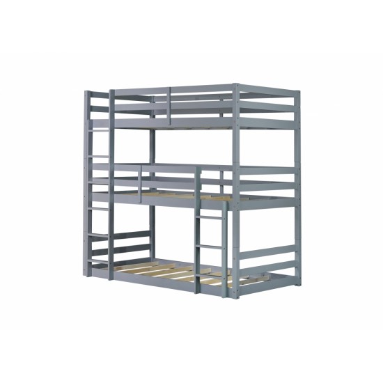 Triple Rubber Wood Bunk Bed with Two Built-in Ladders, Guardrails, Twin over Twin over Twin, Detachable Triple Twin Bunk Bed,Grey