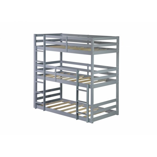 Triple Rubber Wood Bunk Bed with Two Built-in Ladders, Guardrails, Twin over Twin over Twin, Detachable Triple Twin Bunk Bed,Grey