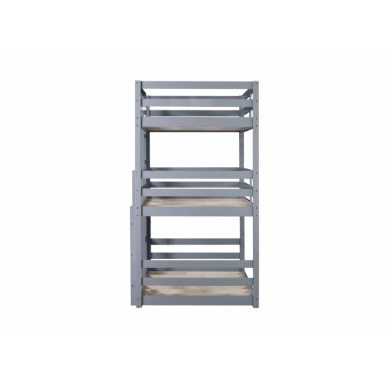 Triple Rubber Wood Bunk Bed with Two Built-in Ladders, Guardrails, Twin over Twin over Twin, Detachable Triple Twin Bunk Bed,Grey