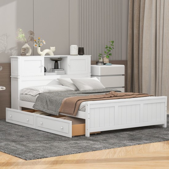 Full Size Platform Bed with Storage Headboard and Sliding Door,2 Drawers, White(Expected Arrival Time:10.17)