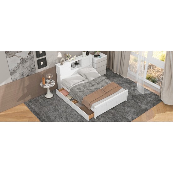 Full Size Platform Bed with Storage Headboard and Sliding Door,2 Drawers, White(Expected Arrival Time:10.17)