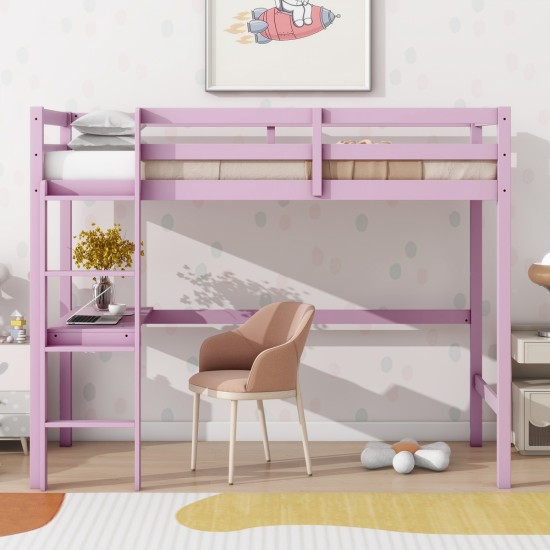 Twin High Loft Bed, Rubber Wood  Loft Bed with Safety Guardrail, built-in desk, ladder,Pink