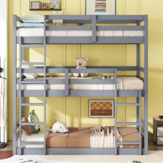 Triple Rubber Wood Bunk Bed with Two Built-in Ladders, Guardrails, Twin over Twin over Twin, Detachable Triple Twin Bunk Bed,Grey