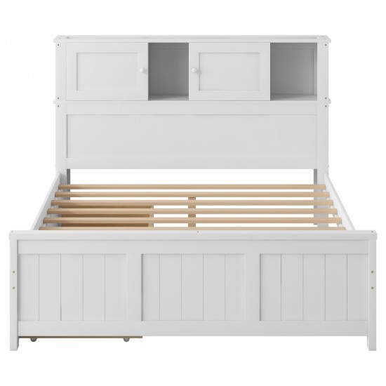 Full Size Platform Bed with Storage Headboard and Sliding Door,2 Drawers, White(Expected Arrival Time:10.17)