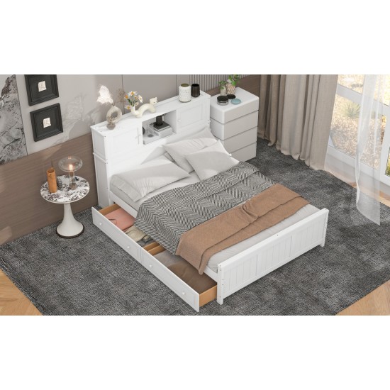 Full Size Platform Bed with Storage Headboard and Sliding Door,2 Drawers, White(Expected Arrival Time:10.17)