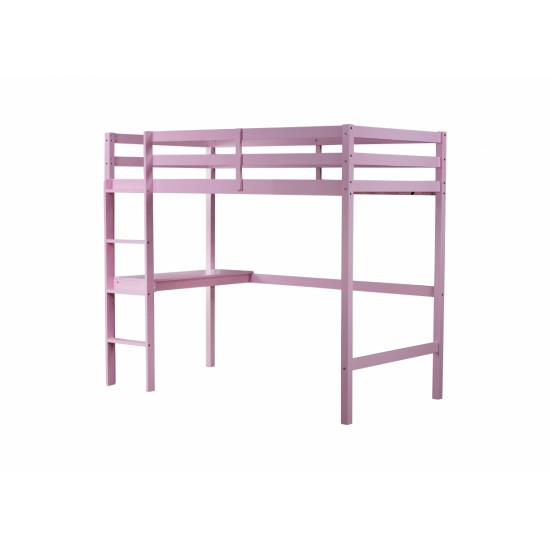 Twin High Loft Bed, Rubber Wood  Loft Bed with Safety Guardrail, built-in desk, ladder,Pink