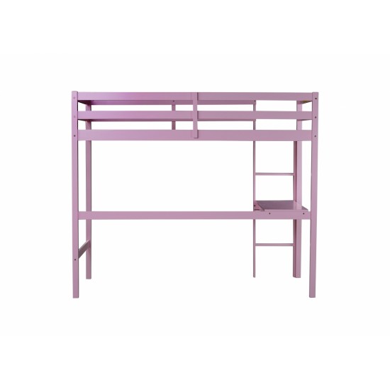 Twin High Loft Bed, Rubber Wood  Loft Bed with Safety Guardrail, built-in desk, ladder,Pink