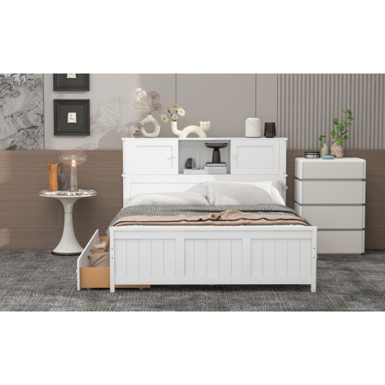 Full Size Platform Bed with Storage Headboard and Sliding Door,2 Drawers, White(Expected Arrival Time:10.17)