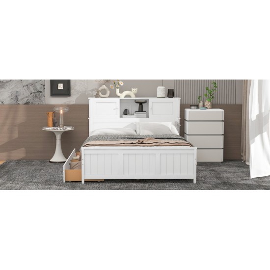 Full Size Platform Bed with Storage Headboard and Sliding Door,2 Drawers, White(Expected Arrival Time:10.17)