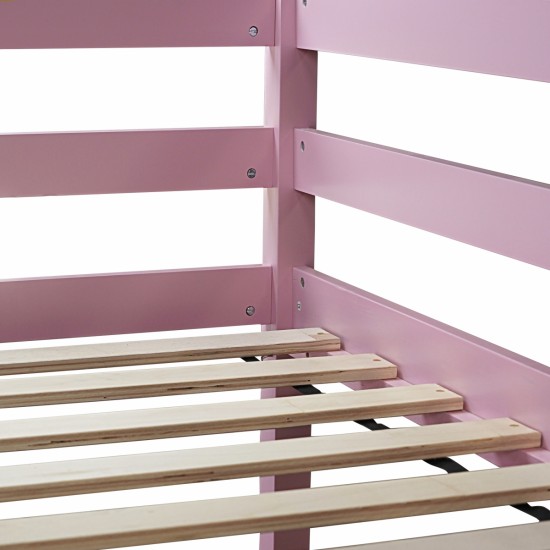 Twin High Loft Bed, Rubber Wood  Loft Bed with Safety Guardrail, built-in desk, ladder,Pink