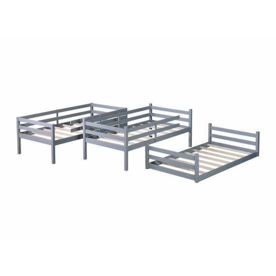 Triple Rubber Wood Bunk Bed with Two Built-in Ladders, Guardrails, Twin over Twin over Twin, Detachable Triple Twin Bunk Bed,Grey