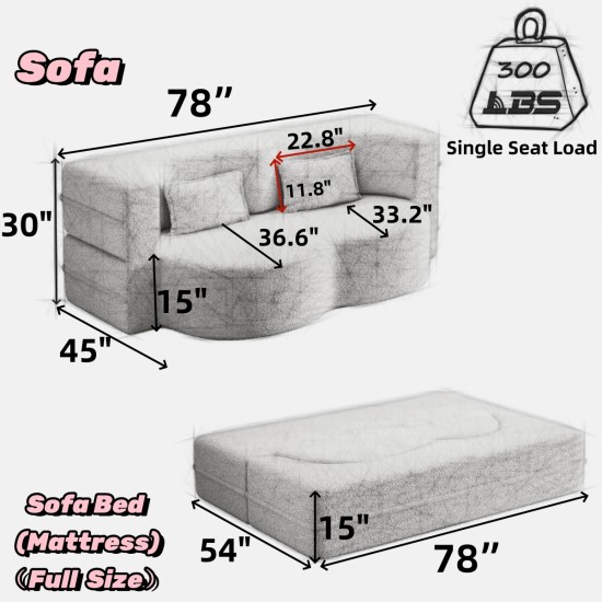 Modern Floor Sofa with 2 Pillows,Convertible Teddy Fabric Foam-Filled Sleeper Sofa Bed,15 Inch  Full Size Folding Mattress for Living Room,Guest Bed,Playroom,no assembly required,Beige(Old Sku:W1885P190390