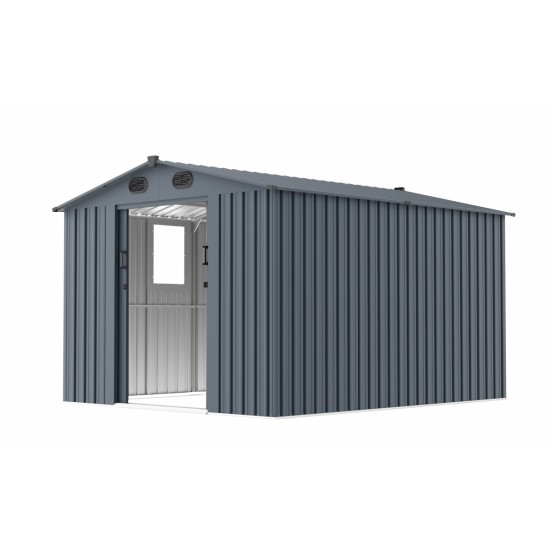 8x10 FT Outdoor Storage Shed, Large Metal Tool Sheds with Window and Lockable Doors, Garden Shed for Backyard Garden Patio Lawn, Dark Grey