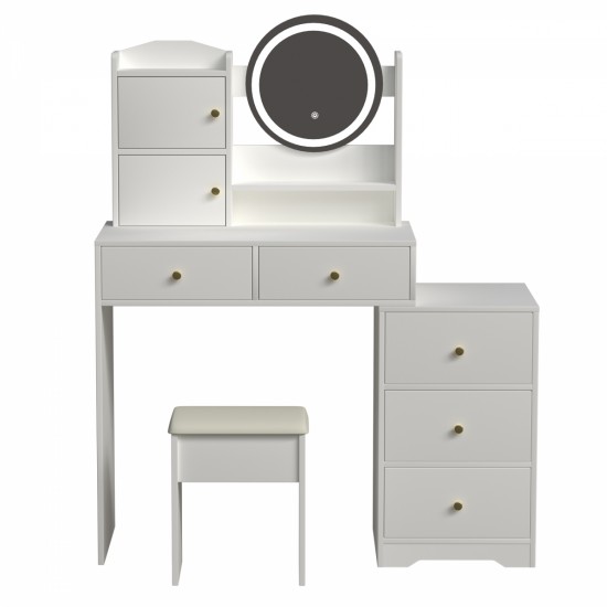 Fashion Vanity Desk with Mirror and Lights for Makeup and Cushioned Chair, Vanity Mirror with Lights and Table Set with 3 Color Lighting Brightness Adjustable,Dressing table, White Color