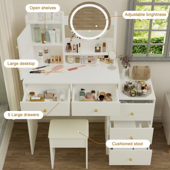 Fashion Vanity Desk with Mirror and Lights for Makeup and Cushioned Chair, Vanity Mirror with Lights and Table Set with 3 Color Lighting Brightness Adjustable,Dressing table, White Color