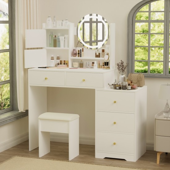 Fashion Vanity Desk with Mirror and Lights for Makeup and Cushioned Chair, Vanity Mirror with Lights and Table Set with 3 Color Lighting Brightness Adjustable,Dressing table, White Color