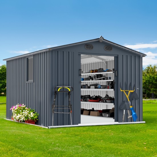 8x10 FT Outdoor Storage Shed, Large Metal Tool Sheds with Window and Lockable Doors, Garden Shed for Backyard Garden Patio Lawn, Dark Grey