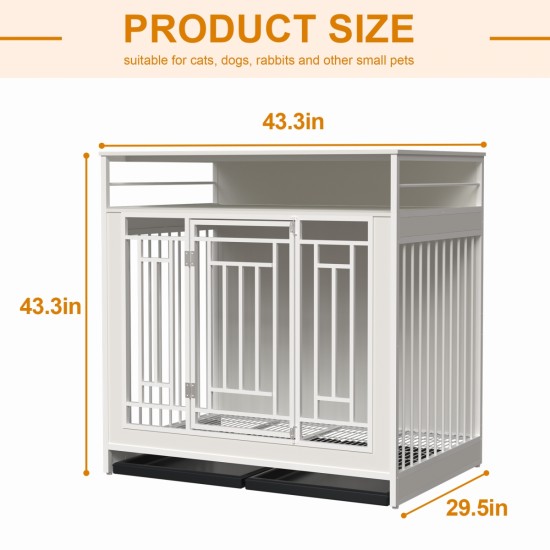 43.3 inch Dog Crate Furniture for Large Dogs,Wooden Dog Crate with Divider,Double Door Dog Kennel with Three Drawers Storages,Heavy Duty Dogs Decorative Pet House for Large Medium Dogs ,White