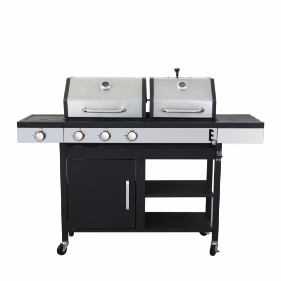 3-Burner Propane Gas BBQ Grill with Side Burner, combined with charcoal grill, 37230BTU Output With Enameled Cast Iron Cooking Grids For Outdoor Barbecue, Stainless Steel