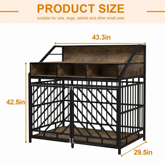 43.3 inch Dog Crate Furniture for Large Dogs,Wooden Dog Crate with Divider,Double Door Dog Kennel with Three Drawers Storages,Heavy Duty Dogs Decorative Pet House for Large Medium Dogs ,Rustic Brown