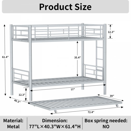 Heavy-duty Sturdy Meta Twin over Twin with Trundle Bunk Bed/l/ Noise Reduced/ Safety Guardrail/No Box Spring Needed,Gray Silver